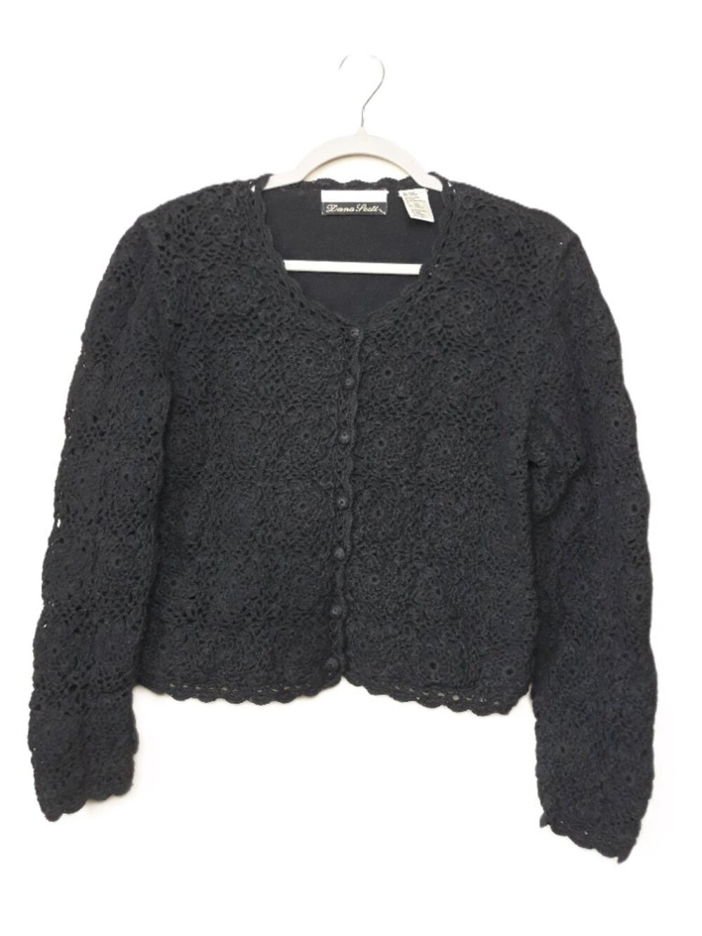 Dana Scott Cottagecore Crochet Cardigan Sweater Black Small Preppy
